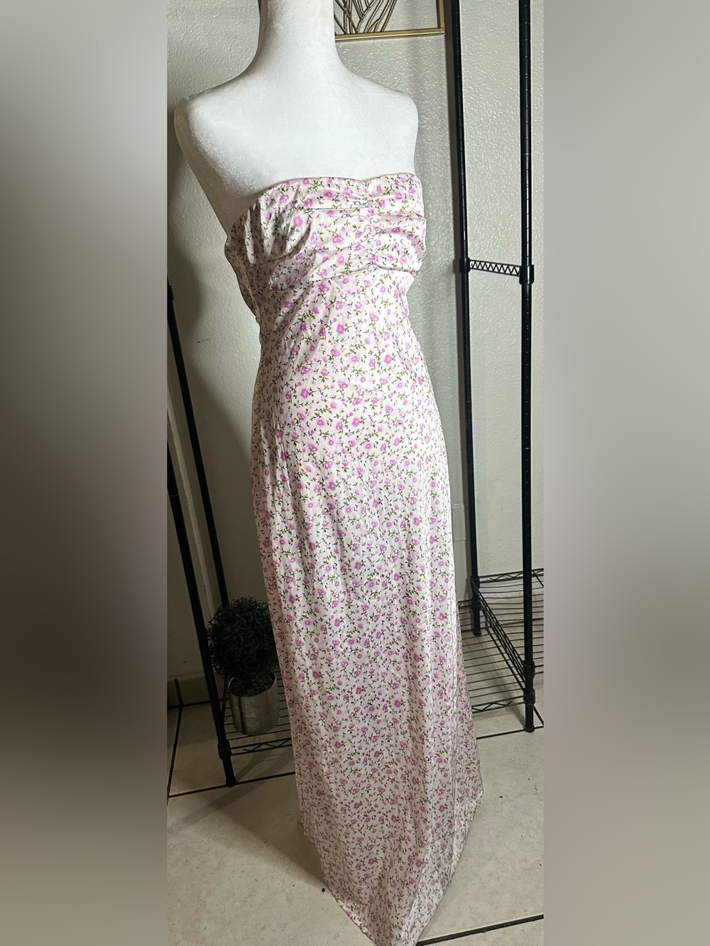 Forever 21 Satin Ditsy Floral Maxi Dress Cream Slip Dress with Pink Floral Print